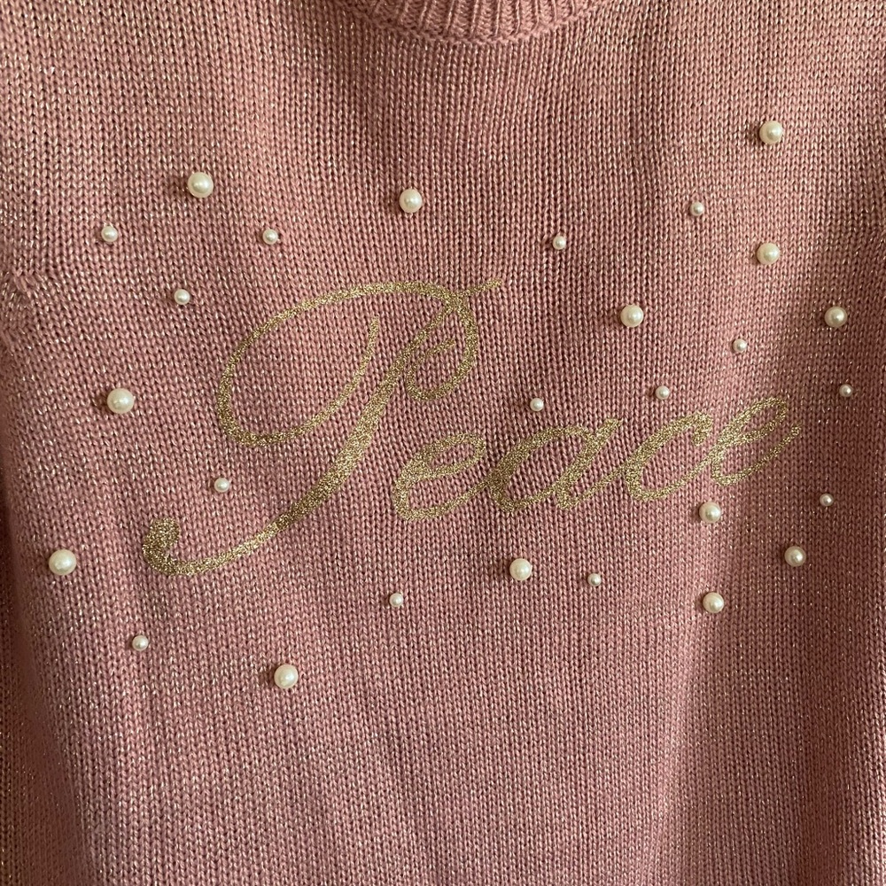 Pink Holiday Time “peace” Sweater with pearls L